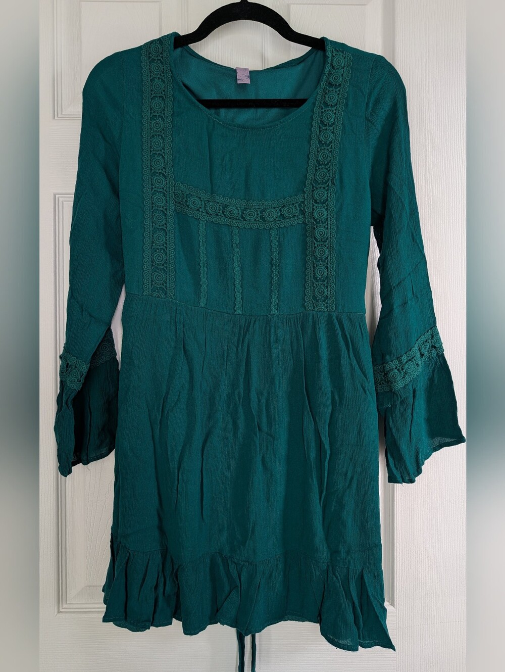 Alya Teal Boho Crochet Trim Babydoll Tunic Dress, Size M